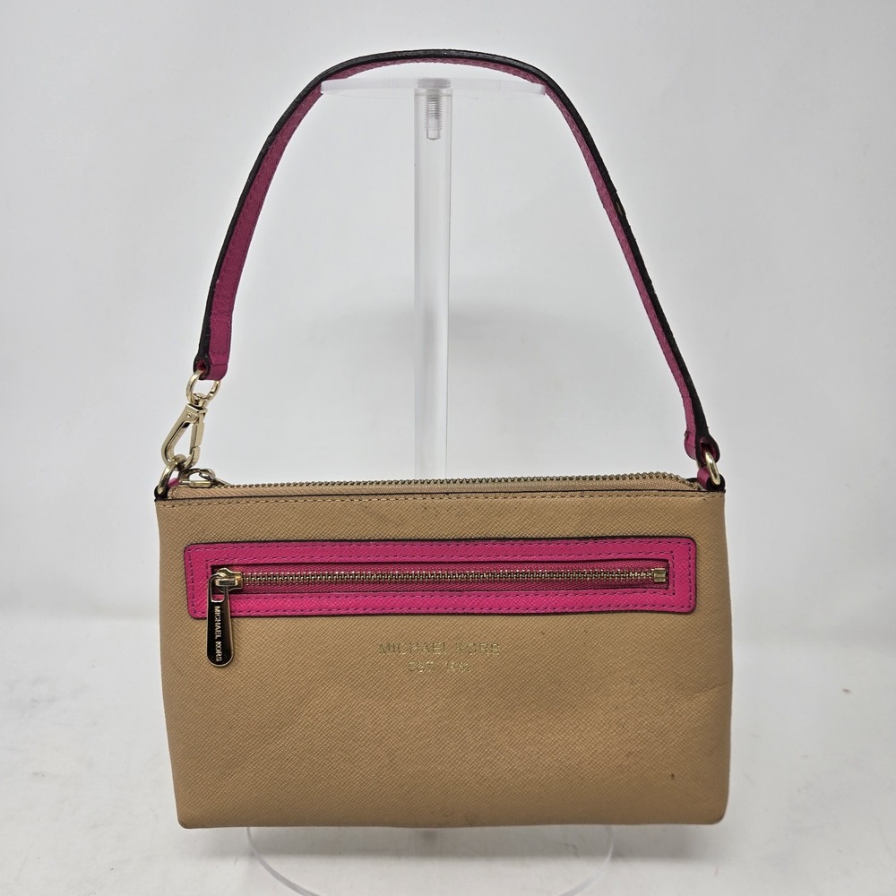 MICHAEL KORS LEATHER PINK WRISTLET WITH BROWN LEATHER TRIM & STRAP
